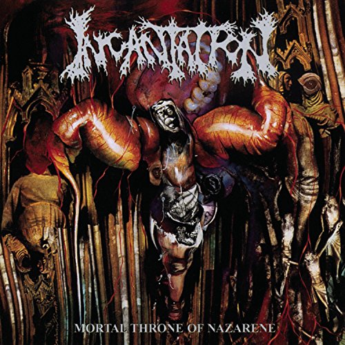 Dark, detailed album cover for Incantation’s “Mortal Throne Of Nazerene” CD.