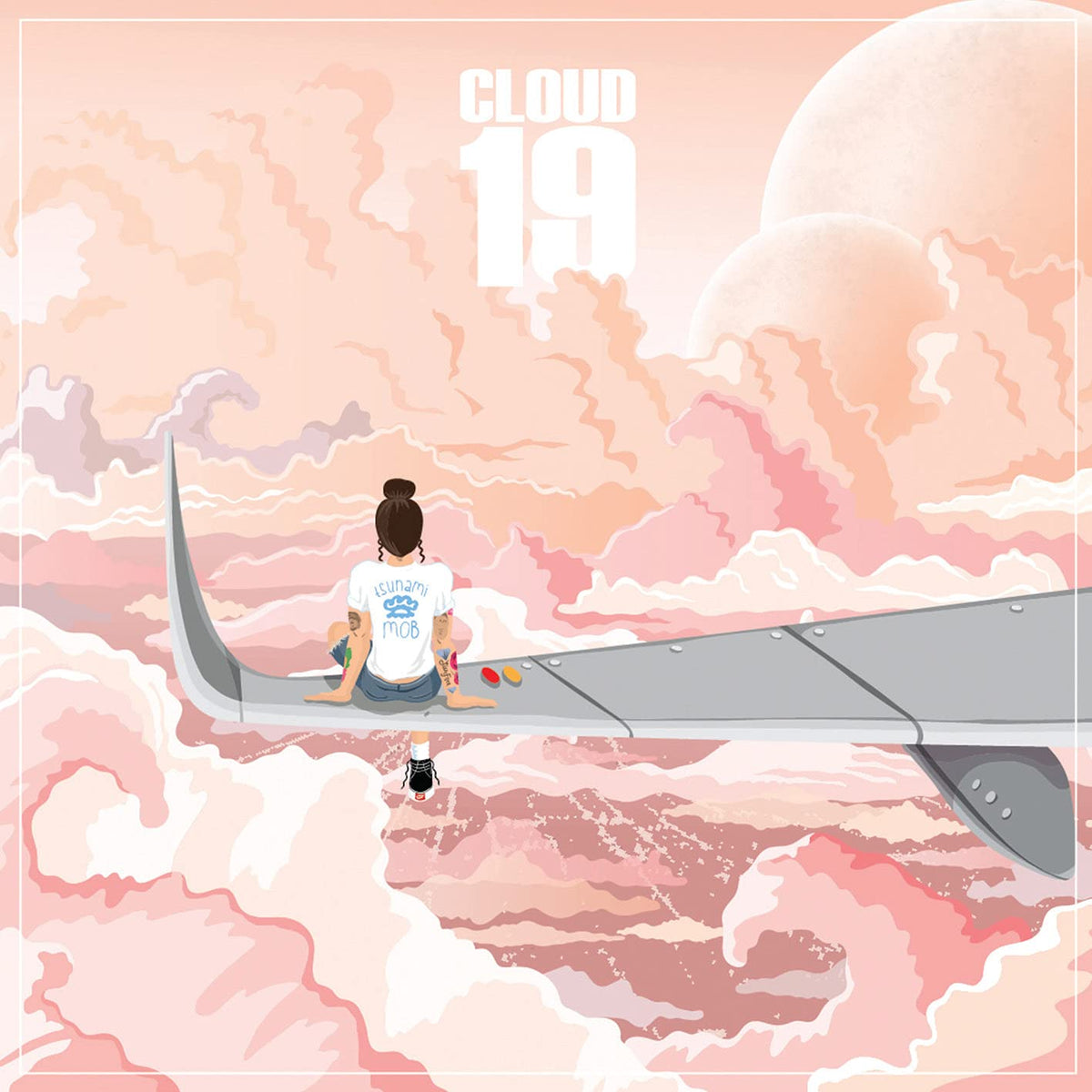 Kehlani’s “Cloud 19” CD cover: woman on airplane amid pink clouds.
