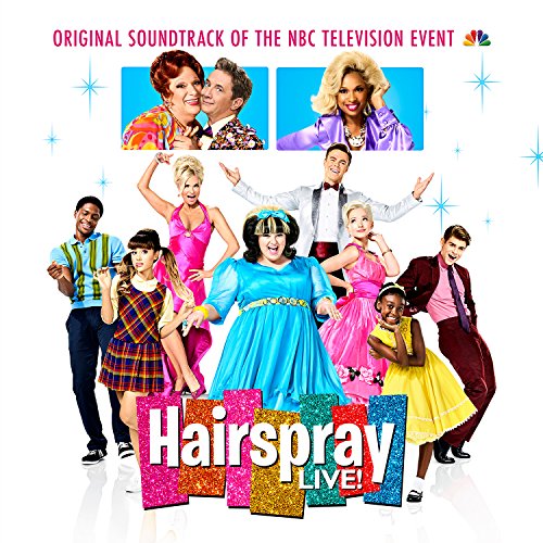 “Hairspray Live!” soundtrack CD cover featuring a diverse cast in colorful clothing.