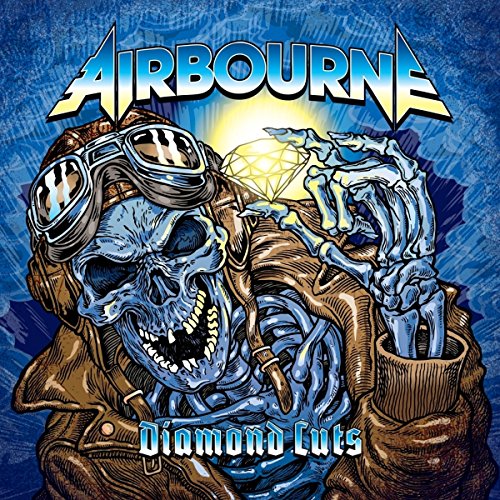 Airbourne album cover: skeletal pilot holding a diamond, blue background.