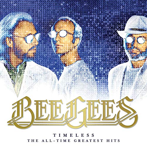 The Bee Gees against a blue sequined background with gold text below.