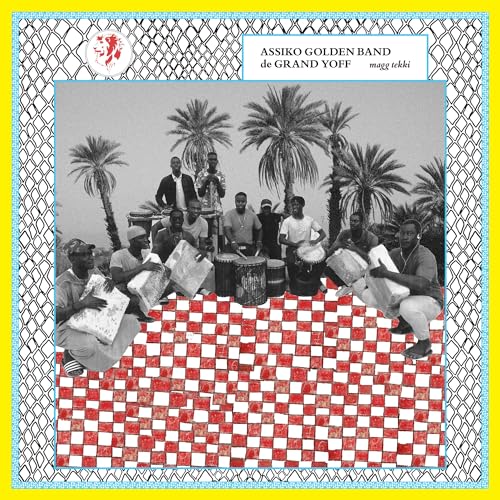 Black and white photo of a band with drums on a red-and-white checkered floor.