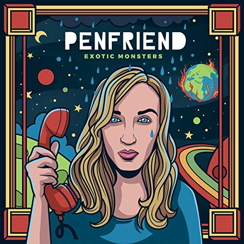CD cover: woman with phone, planets, stars, and fiery globe illustration.