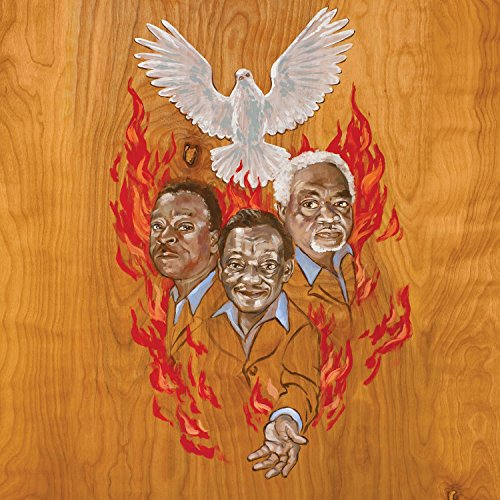 Painted album cover featuring three men and a white dove above flames.