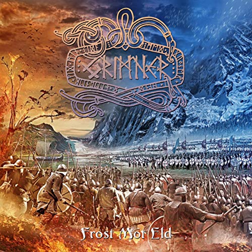 CD cover: Viking warriors facing a snowy landscape, ornate logo above.