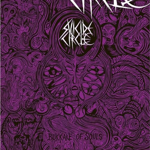 Purple album cover with distorted faces and central eye-like design.