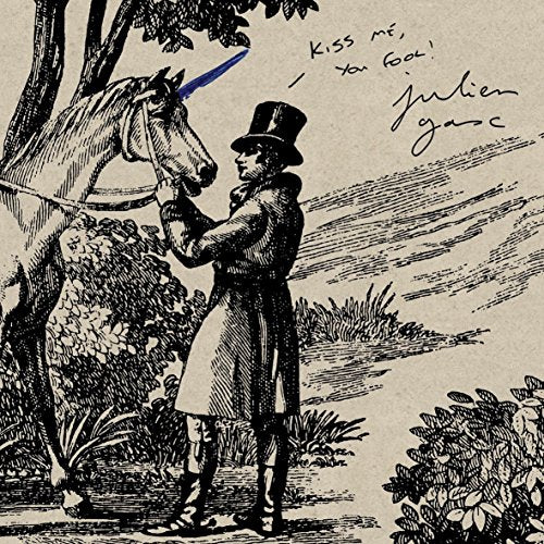Vintage-style illustration of a man with a unicorn, album cover art.