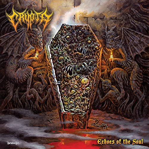 Dark album cover featuring a coffin, demons, and ornate band logo.