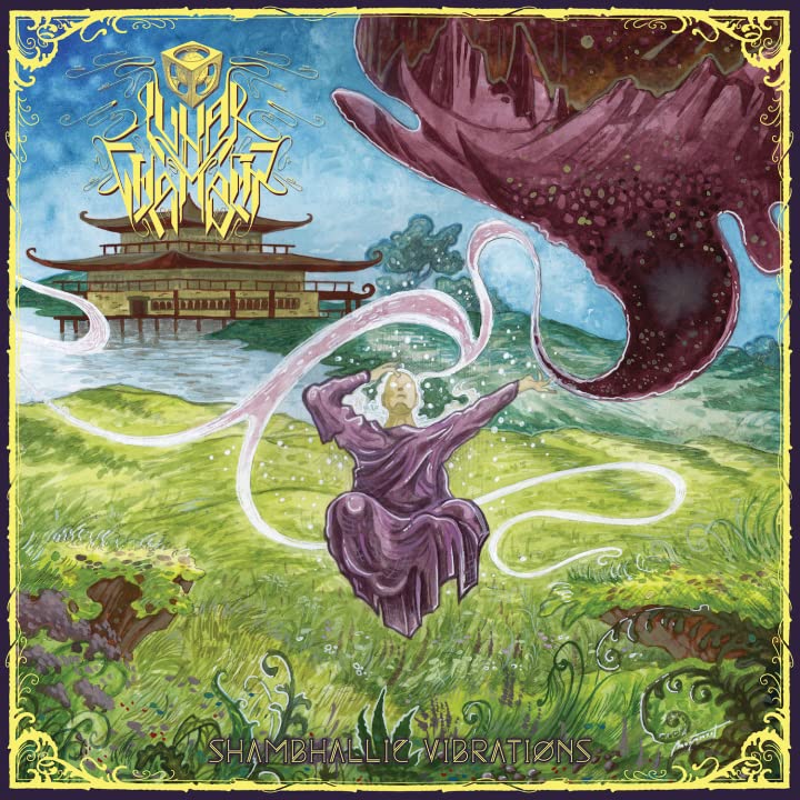 Painted album cover: figure with outstretched arms before a temple and large flower.