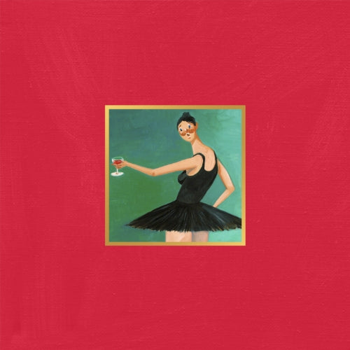 Red album cover featuring a painted woman in a black tutu holding wine.