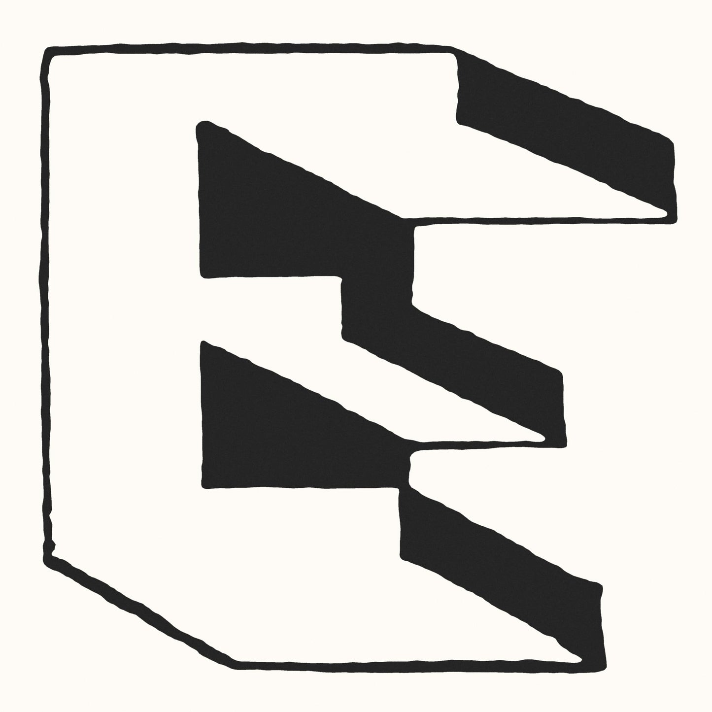 Black and white abstract graphic of a stylized letter "E".