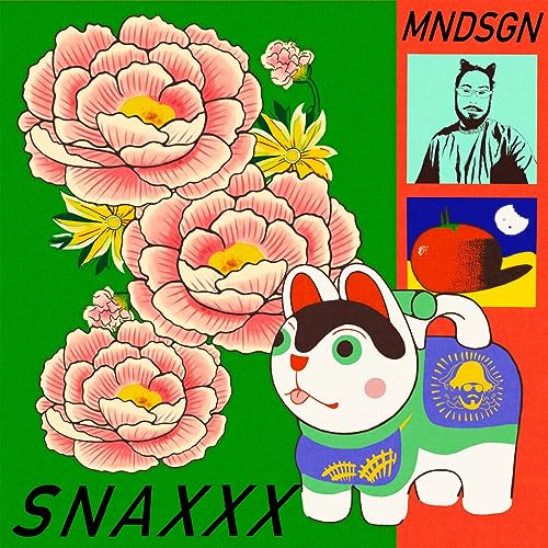 Album cover for Mndsgn’s “Snaxxx” featuring flowers, a dog, and portraits.