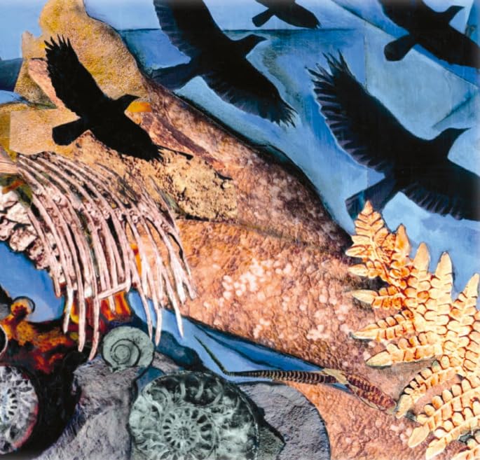 Collage of black birds, fossils, a skeleton, and ferns over a textured blue background.