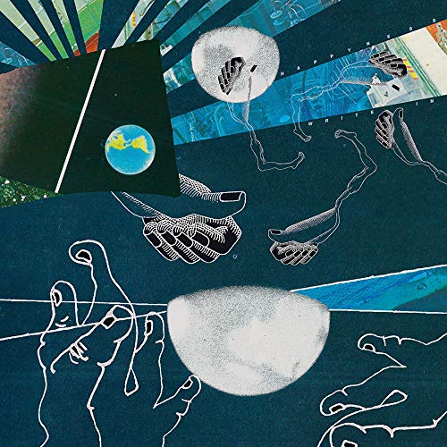 Collage of hands, faces, and celestial bodies on a dark blue background.