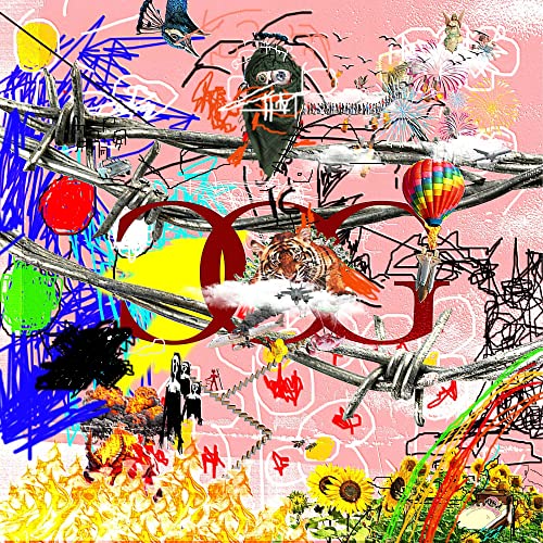 Collage of birds, a tiger, hot air balloon, and abstract markings.