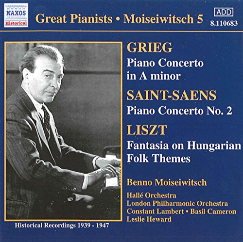 CD cover featuring pianist Benno Moiseiwitsch, with composers Grieg and Saint-Saëns listed.