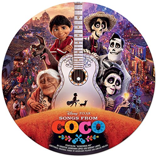 Coco soundtrack vinyl record with characters and a guitar image.