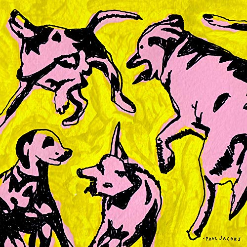 Pink dogs with black markings on a textured yellow background.