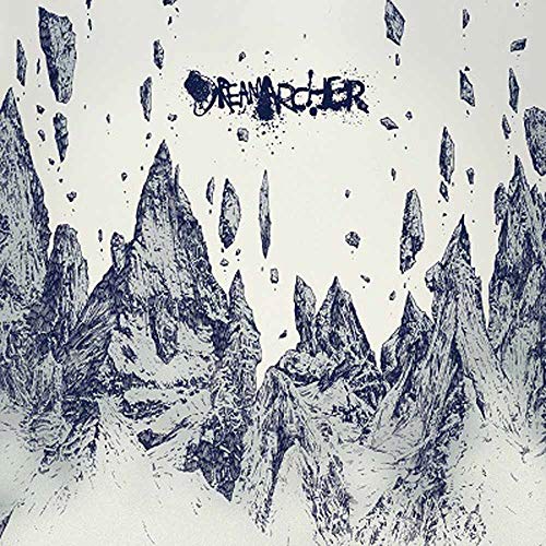 Hand-drawn mountains and fragmented text on a blue-toned album cover.