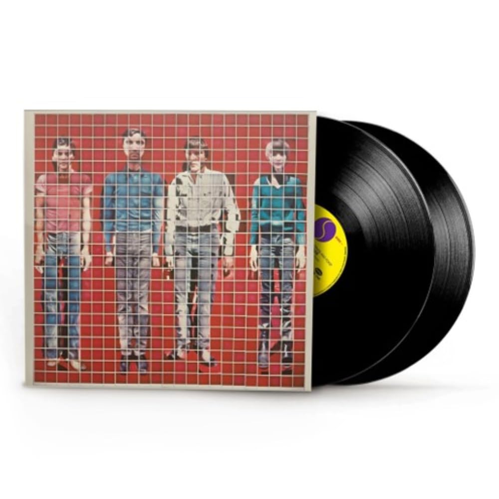 Talking Heads album cover with four figures on a red grid, vinyl record.
