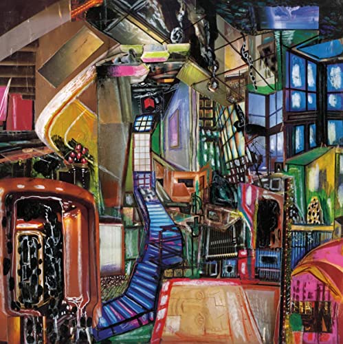 Abstract painting of a fragmented, multicolored interior room with distorted architectural shapes.