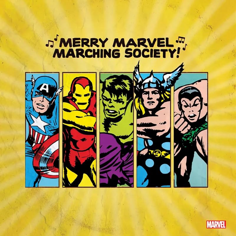 Vinyl record cover featuring comic-style illustrations of Marvel superheroes.