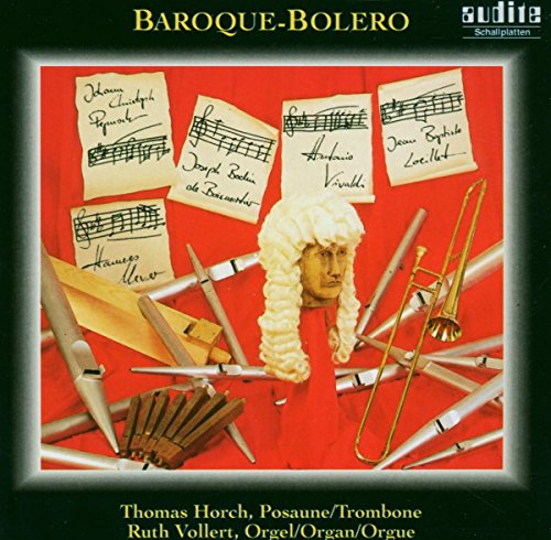 CD cover featuring a trombone, wigged head, sheet music, and organ pipes.