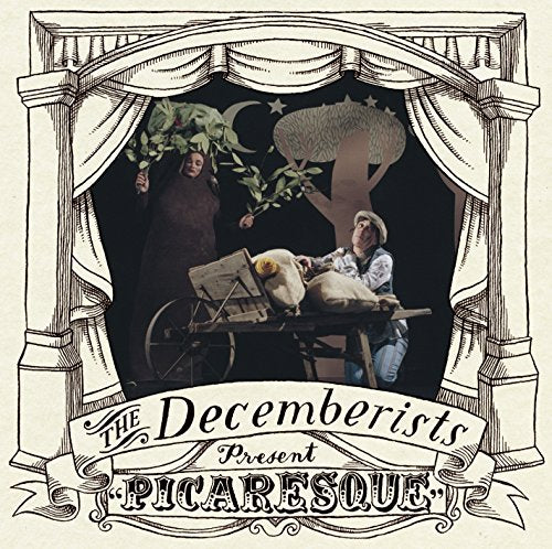 CD cover for The Decemberists’ “Picaresque” with sketched figures and stage curtains.