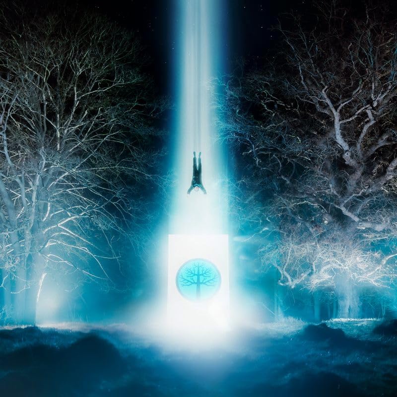 Person falling into bright light above a tree symbol in a dark forest.
