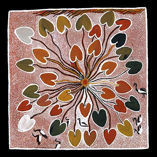 Aboriginal dot painting of a flower with birds, red and brown tones.