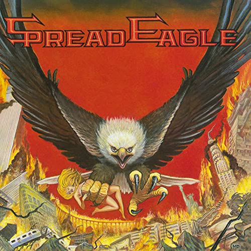 A giant eagle holding a woman above a burning city with the band name above.