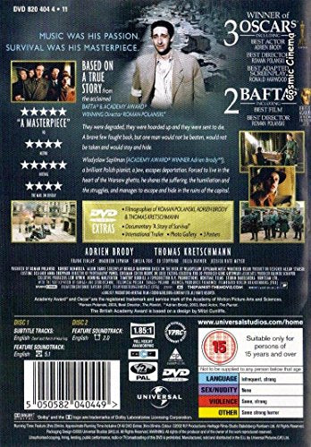 DVD back cover for "The Pianist" featuring Adrien Brody, with award logos.