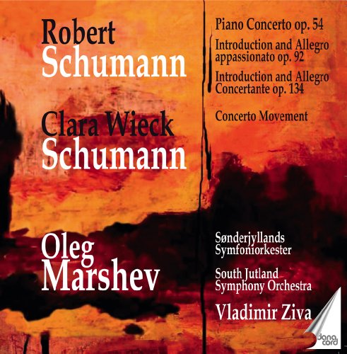 CD cover for Robert and Clara Schumann piano concertos, featuring composers’ names.