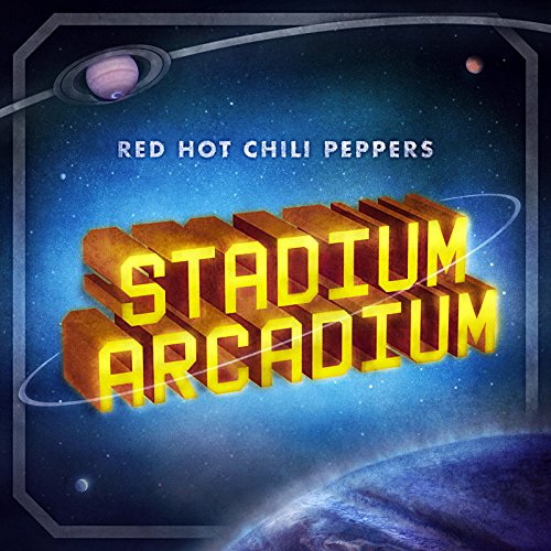 Album cover featuring yellow 3D text Stadium Arcadium against a blue space background.