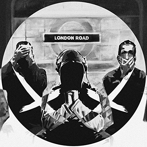 Black and white vinyl record cover with masked figures and text.