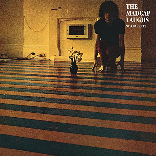 Syd Barrett squats on a striped floor near a vase and fireplace.