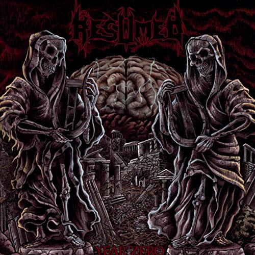 Album cover for Resumed’s “Year Zero” featuring skeletal figures and a brain.