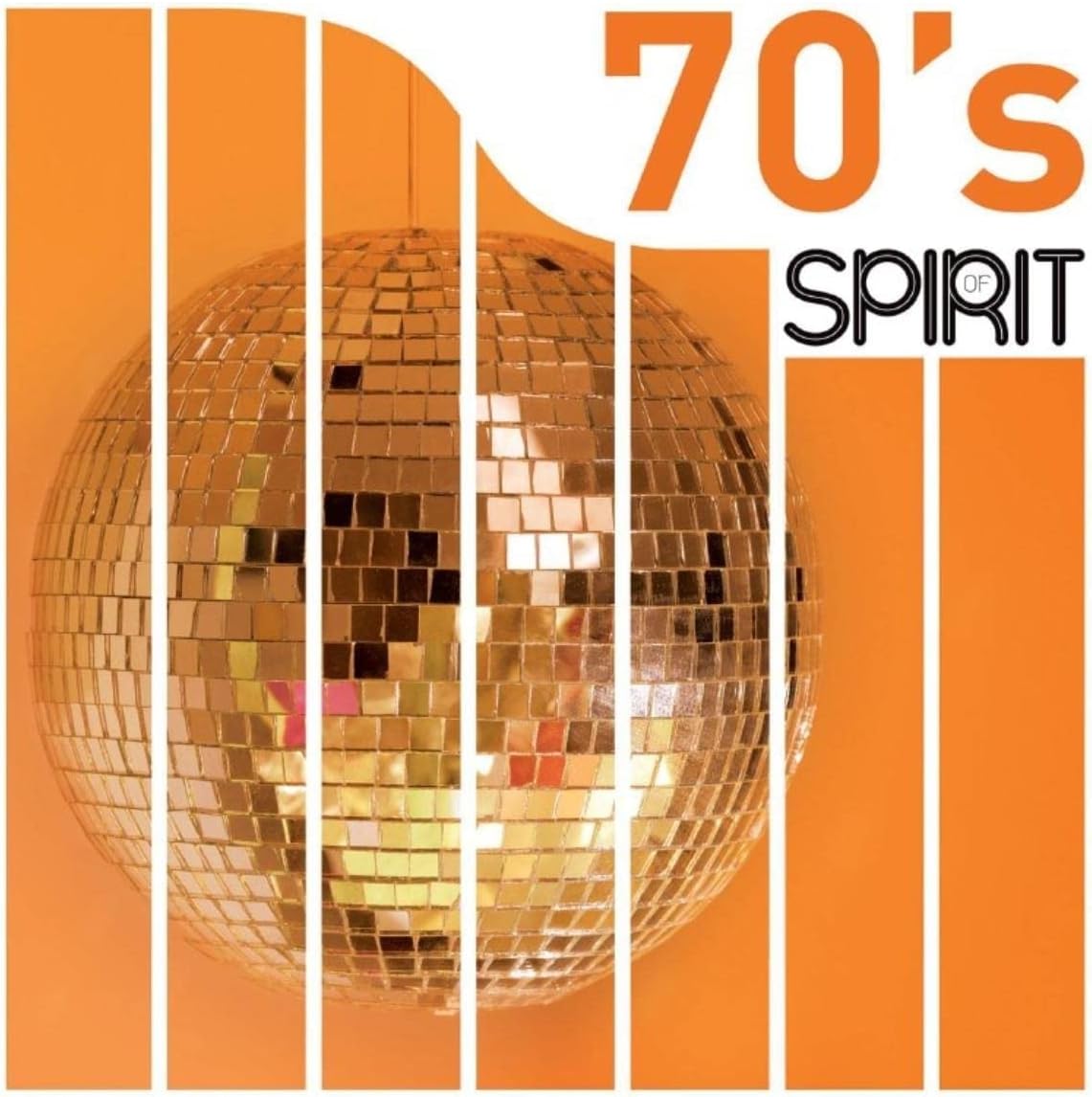A gold disco ball against an orange background with vertical stripes and text.
