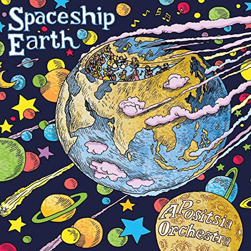 CD cover art: illustrated Earth with people, planets, and musical notes.
