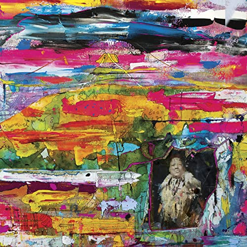CD cover with abstract colorful paint and a portrait of an Indigenous man.