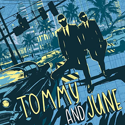 Two men in suits walk across a Miami street, album cover.