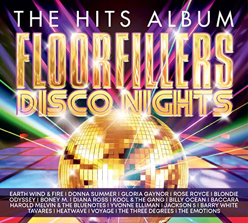 CD cover for “The Hits Album: Floorfillers - Disco Nights” with a disco ball.