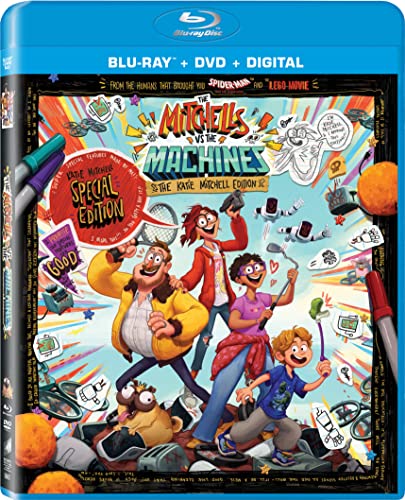 Mitchells Vs The Machines" Blu-ray cover with family illustration and robots.