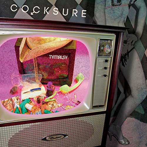 Vintage television displaying colorful collage art with "Cocksure" text above.