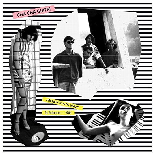 Black and white striped background with a collage of people and a piano.