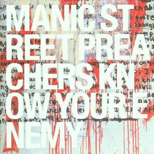 Album cover with white text over a background of red paint drips and text.
