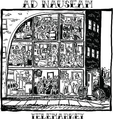 Black and white album cover depicting busy scenes within a building facade.