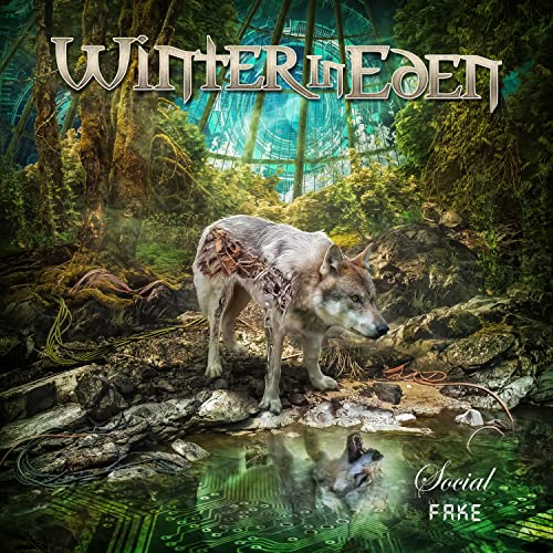 CD cover: wolf with mechanical parts in a lush, digital forest.