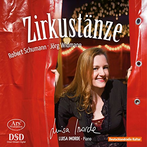 CD cover: pianist Luisa Imorde framed by red circus curtains.