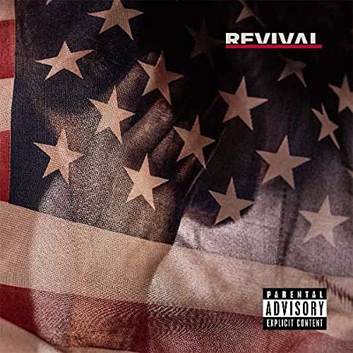 Eminem Revival album cover featuring an American flag with the text Revival and advisory label.